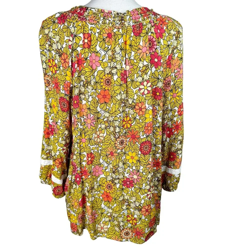 Jane and Delancey Floral Smocked Tunic Top Boho Bohemian Yellow Orange Red XL ￼ - Picture 6 of 9